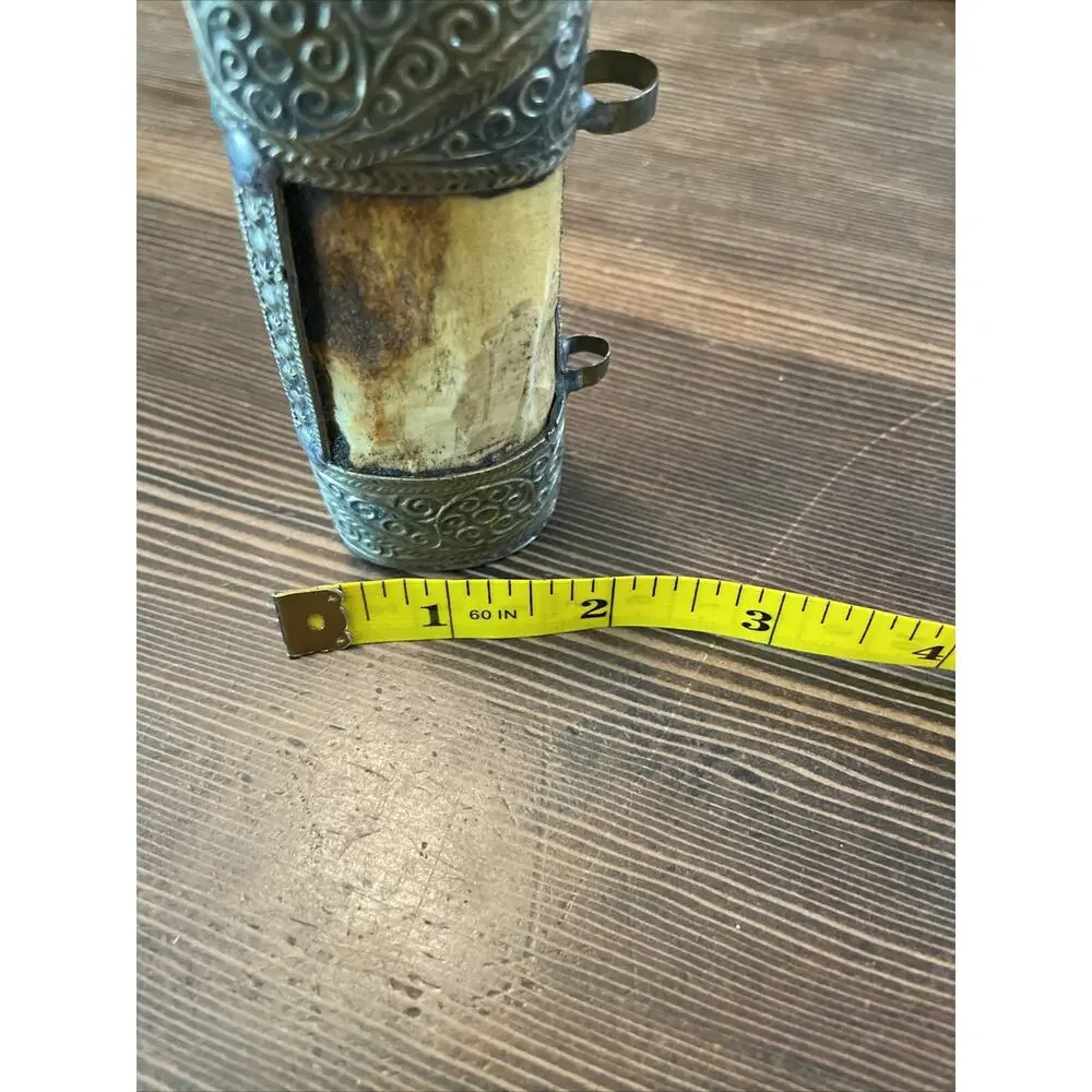 Vntg Carved Snuff Bottle Bovine Bone Silver Brass Turquoise Coral 5”Tibetan